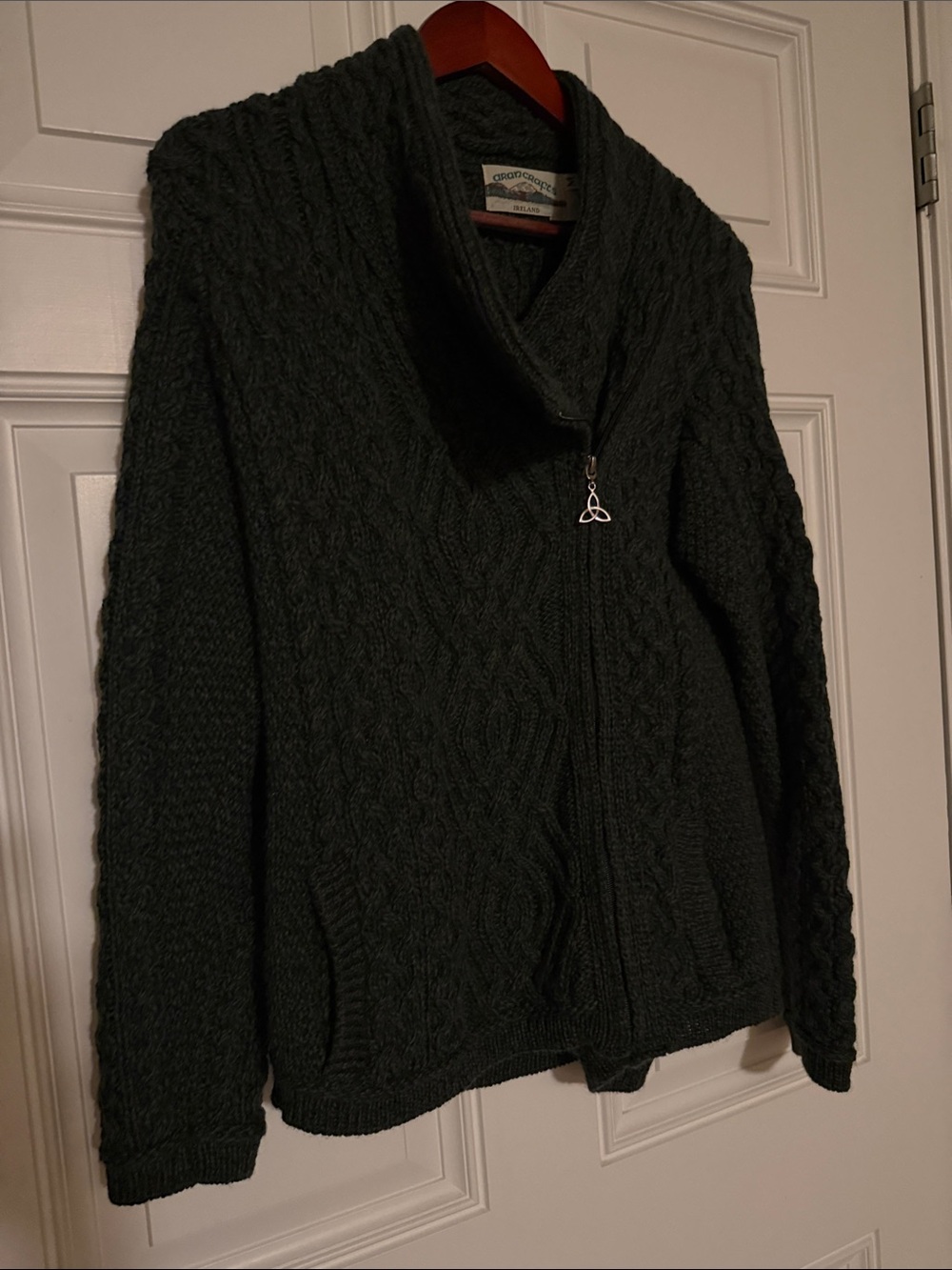 Aran Crafts Irish Green Cable Knit Side Zipper Cardigan